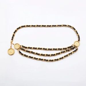 Authentic CHANEL rue Cambon gold chain triple black leather belt charm 80cm